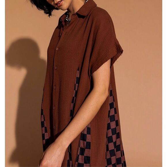 Dressed in LALA California Cool Oversized Brown & Black Checkered Maxi Dress XS - Picture 2 of 11